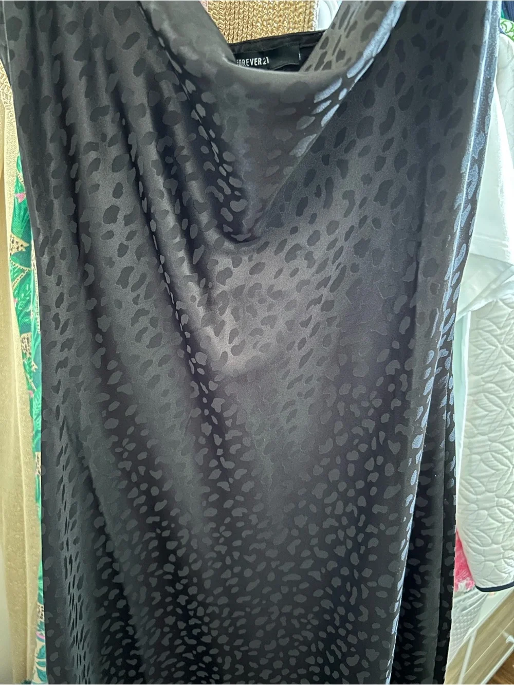 Forever 21 Satin Black Slip Dress with Subtle Leopard Jacquard